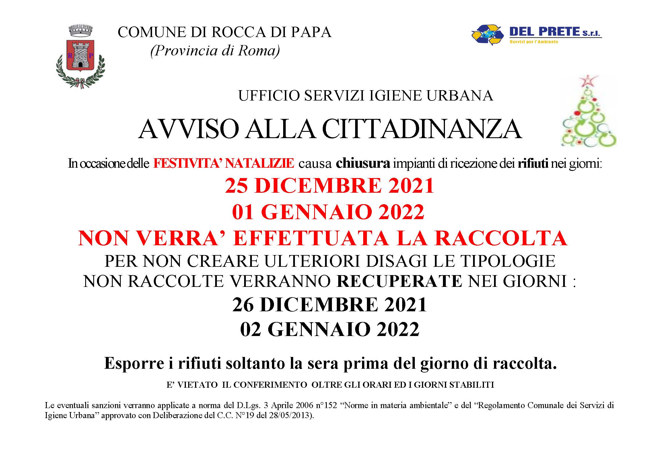 CALENDARIO FESTIVITA RIFIUTI Rocca di Papa