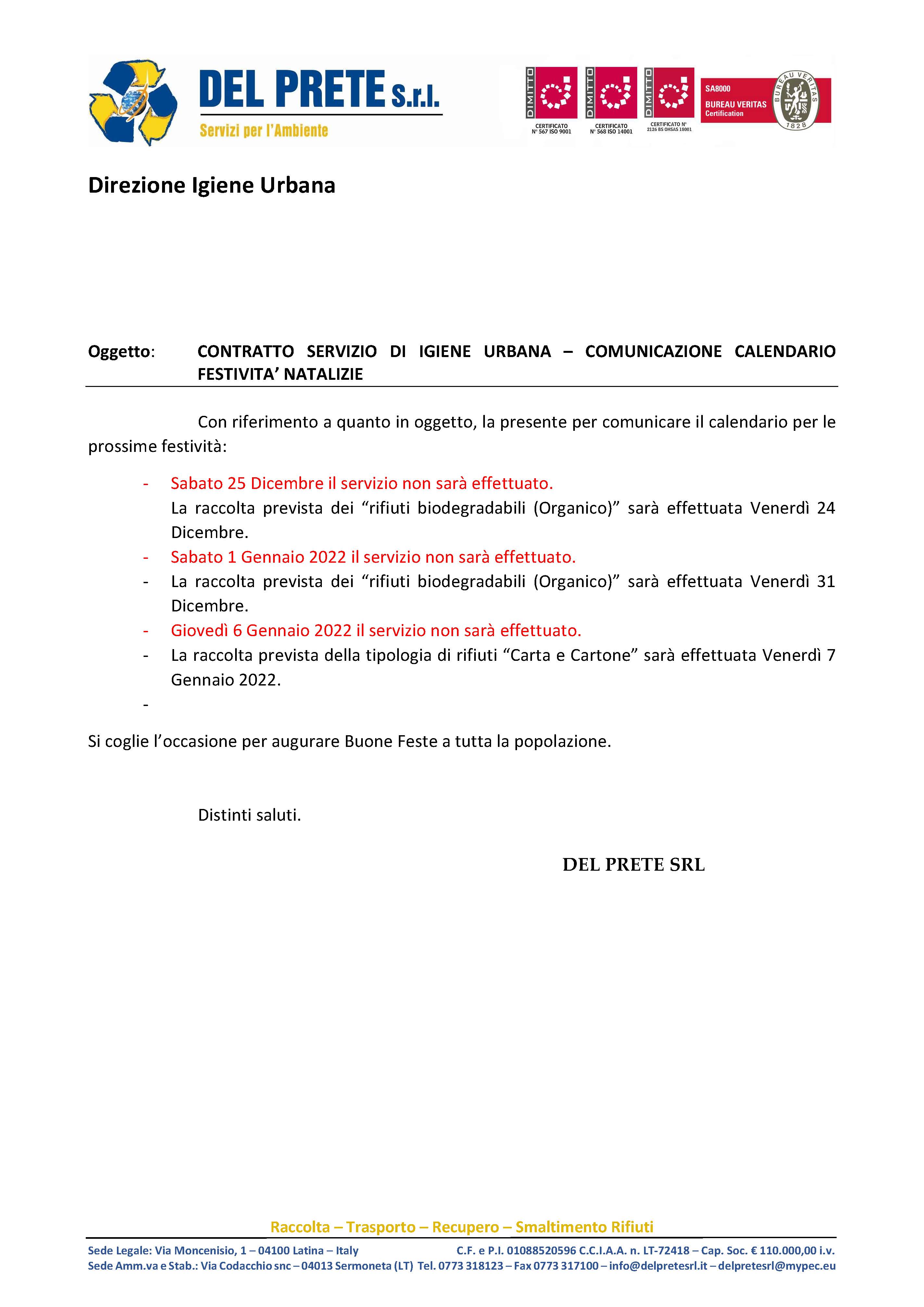 Comunicazione festività natalizie 2021 Prossedi
